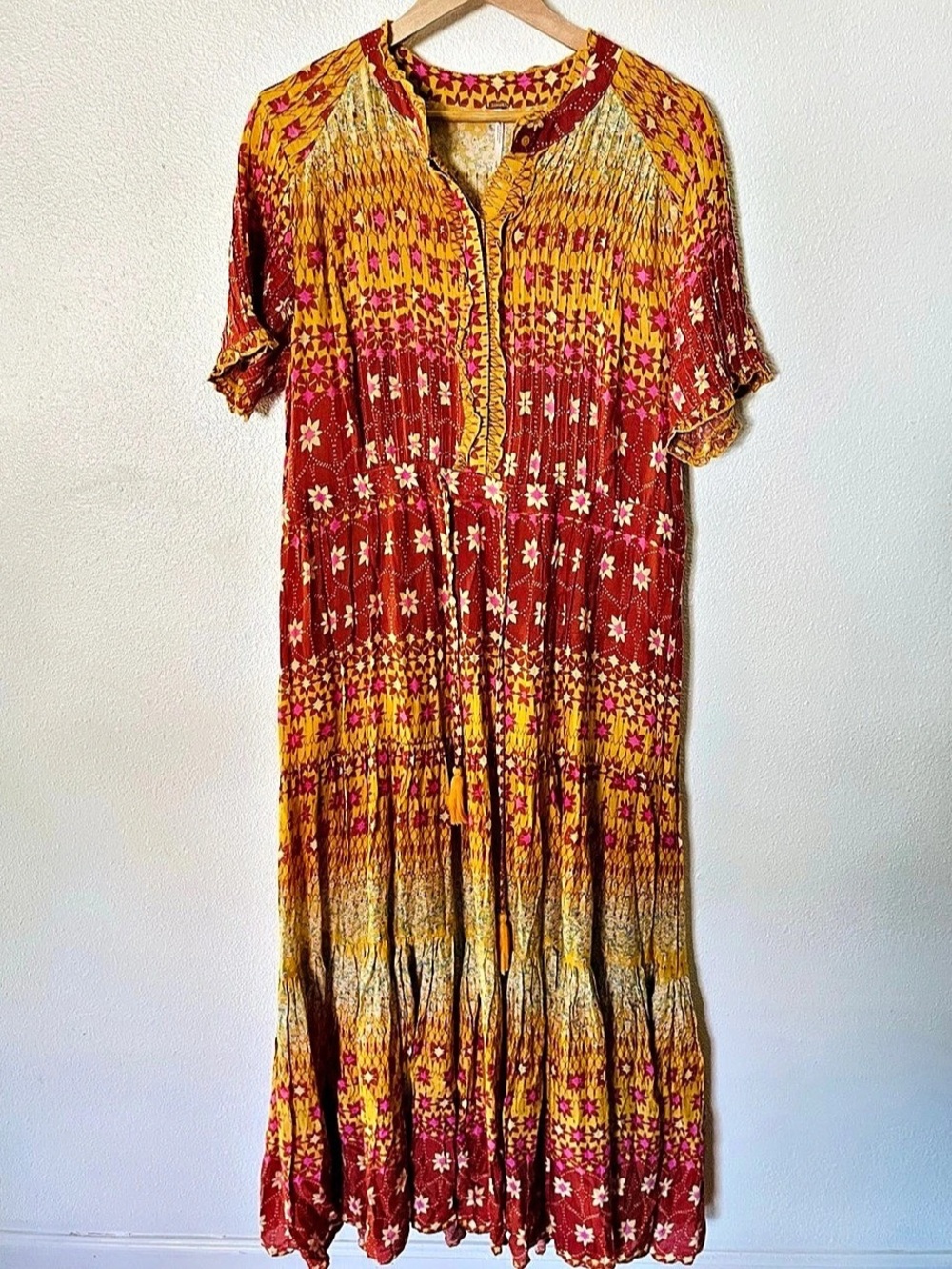 Free People Rare Feeling Red Floral Bohemian Maxi Dress Short Sleeve Large NWOT